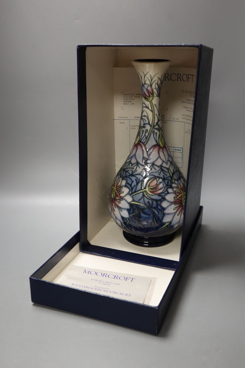 A Moorcroft vase, Love in a mist, designed by Rachel Bishop, limited edition number 61 of 300, 32cms high, together with certificat